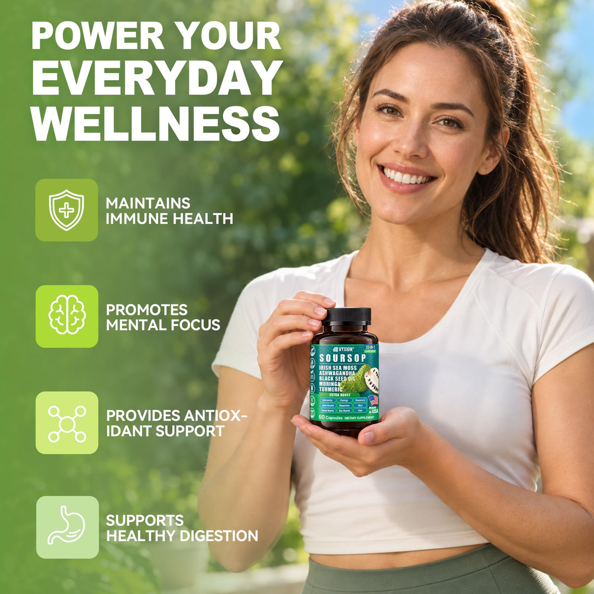 Soursop Graviola Supplement with Sea Moss, Moringa, Turmeric, Black Seed Oil, Oregano, Ashwagandha | 20-in-One Herbal extracts for Overall Health-Enhancing | Vegan, Non-GMO | 60 Capsules