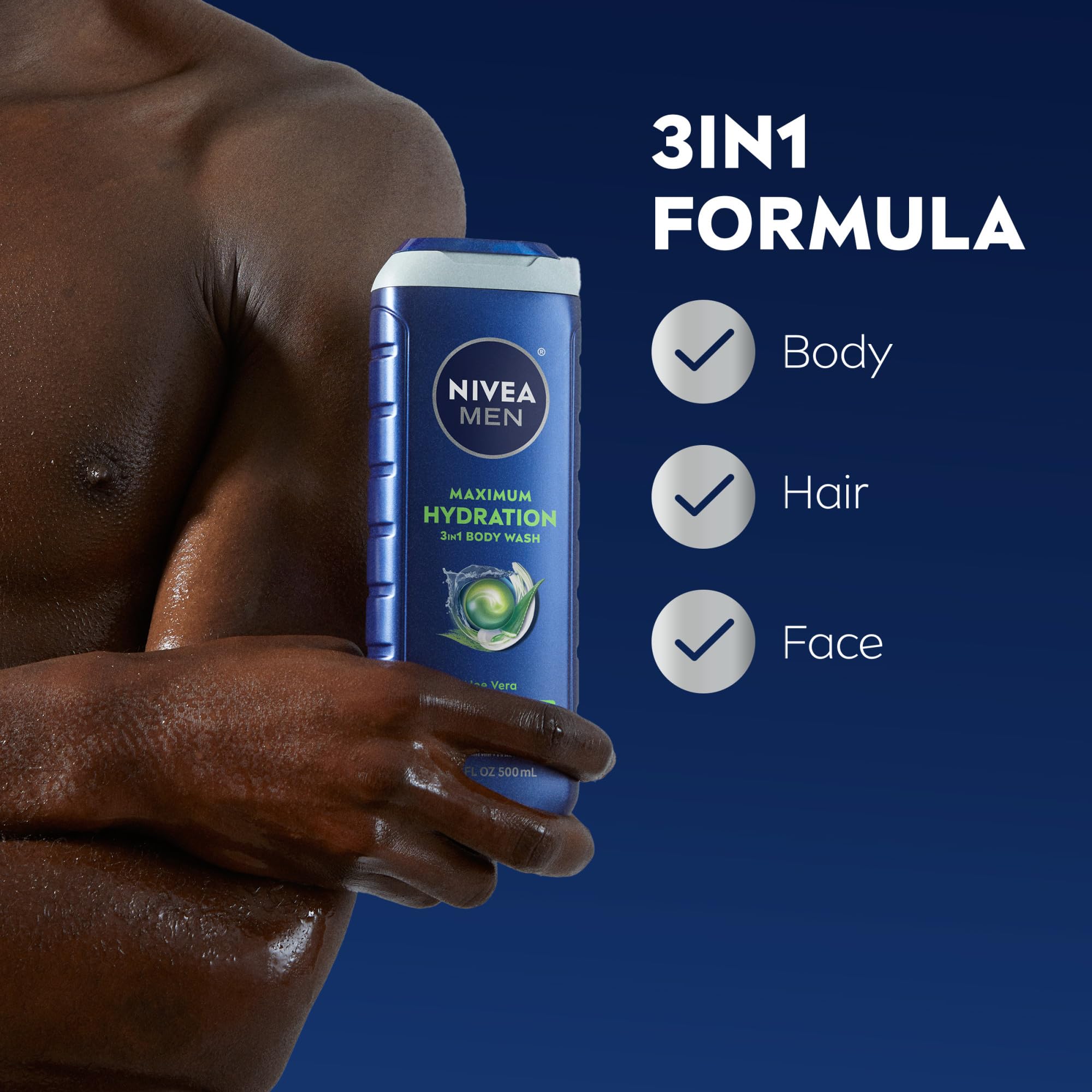 Buy now NIVEA MEN Maximum Hydration Body Wash for Dry Skin, Aloe Vera Enriched, 3-in-1 Moisturizing Body Wash, Face and Hair, Paraben Free, Vegan Formula, 16.9 Fl Oz Bottle, Pack of 3 at indiglob india