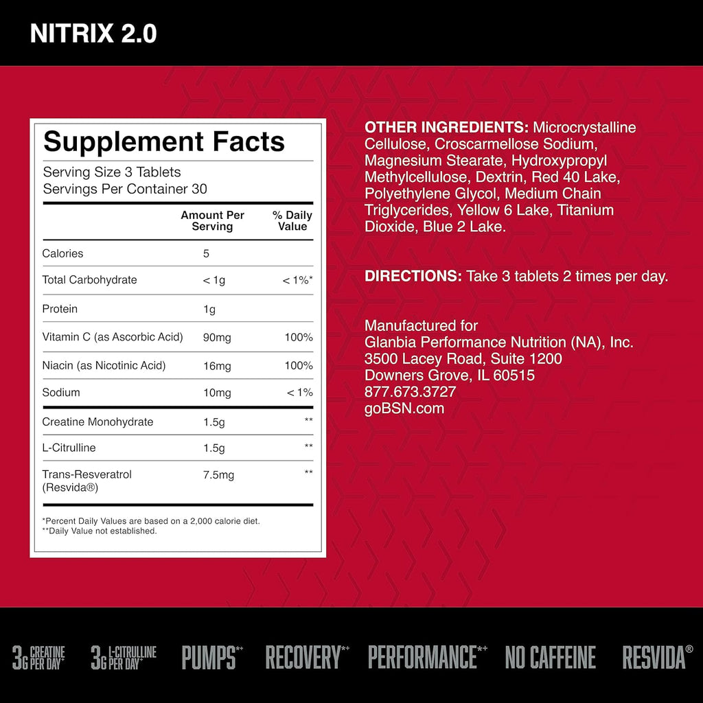 Buy now BSN NITRIX 2.0, Workout Supplement, Nitric Oxide Precursors, 3g Creatine, 3g L Citrulline, L-Citrulline, Supports Workout Performance, Pumps, Muscle Recovery and Endurance, 90 Tablets, 30 Servings at indiglob india