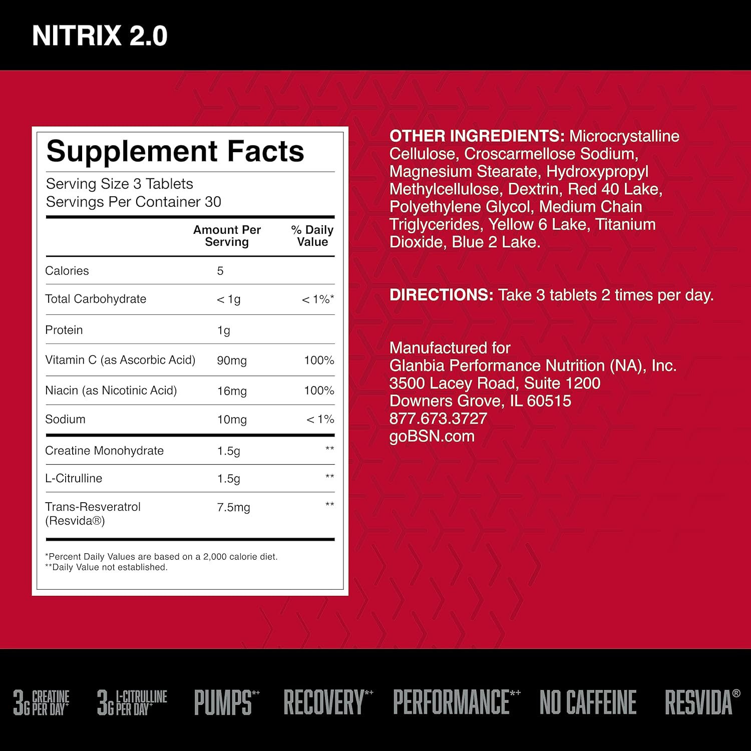 Buy now BSN NITRIX 2.0, Workout Supplement, Nitric Oxide Precursors, 3g Creatine, 3g L Citrulline, L-Citrulline, Supports Workout Performance, Pumps, Muscle Recovery and Endurance, 90 Tablets, 30 Servings at indiglob india