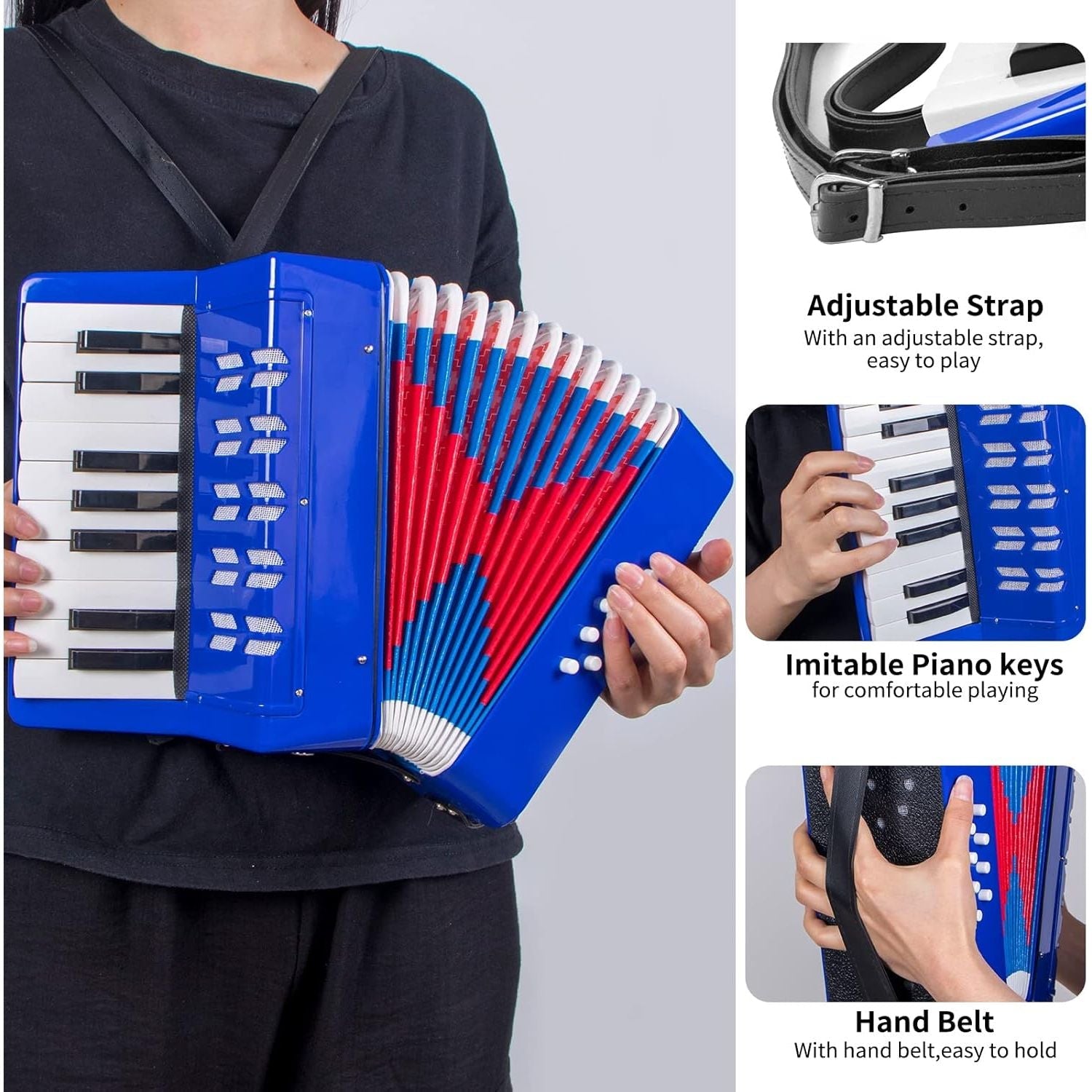 Buy now Accordion, 17 Keys Piano Accordion 8 Bass with Straps for Beginners Kids Student Educational Musical Instrument (Blue) at indiglob india