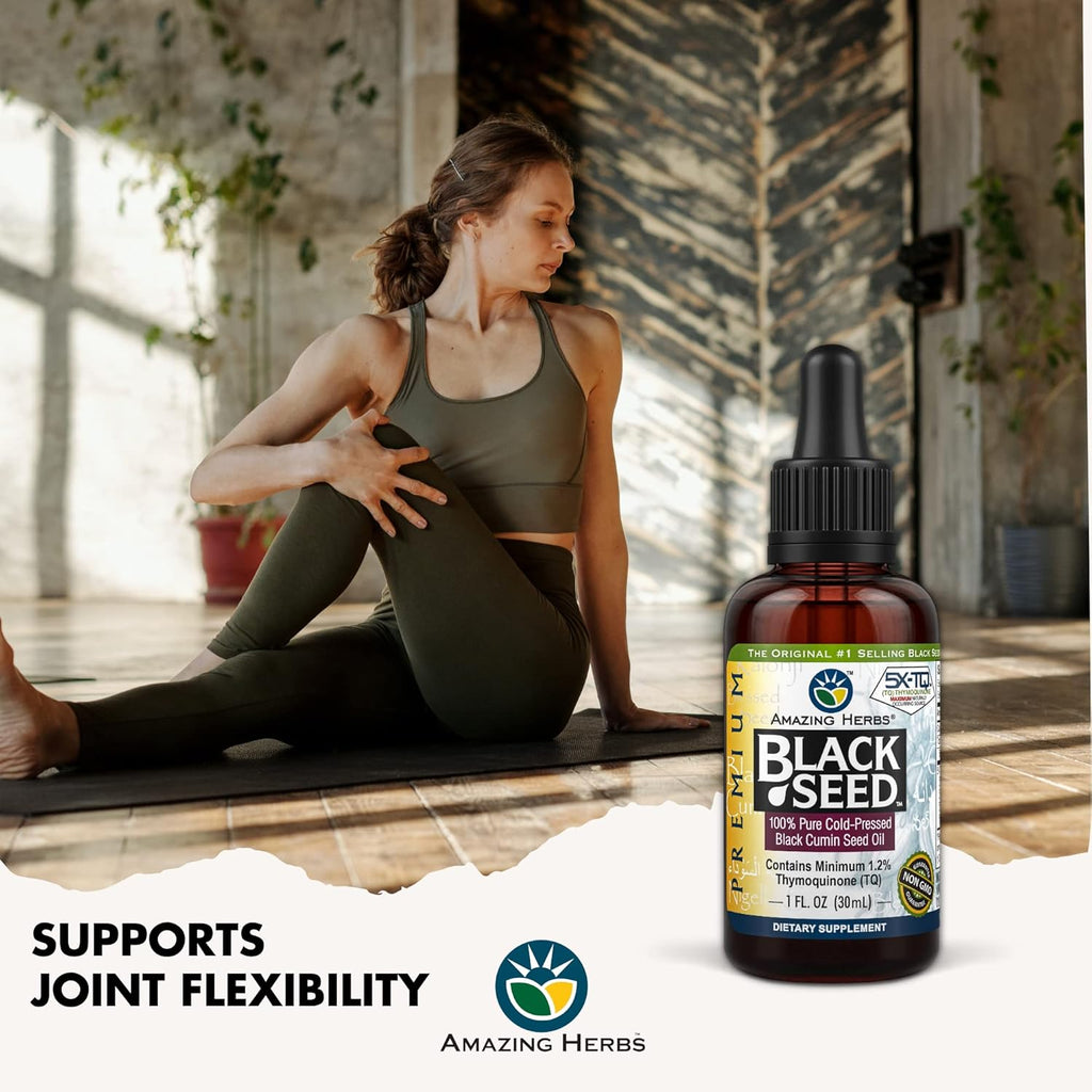 Buy now Amazing Herbs Premium Black Seed Oil - Cold Pressed Nigella Sativa Aids in Digestive Health, Immune Support, Brain Function, Joint Mobility, Gluten Free, Non GMO - 1 Fl Oz at indiglob india