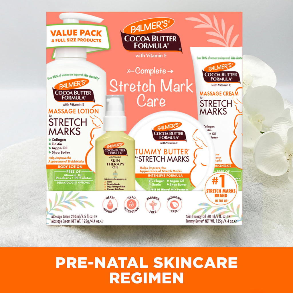 Palmer's Pregnancy Essentials Skin Care Kit, Cocoa Butter Formula (4 Piece) | Includes Massage Lotion, Massage Cream, Tummy Butter and Skin Therapy Oil for Stretch Marks, the ideal gift for mom to be