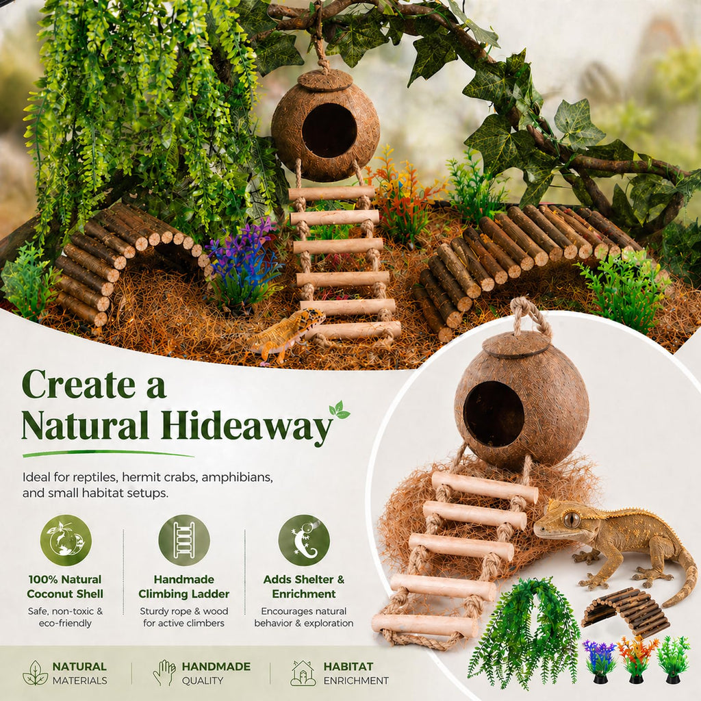 HERCOCCI Crested Gecko Tank Accessories, Reptile Hanging Plants Vines with Natural Coconut Shell Hideout & Climbing Ladder Decor for Hermit Crab Lizard Leopard Gecko Chameleon Snake Terrarium Decor