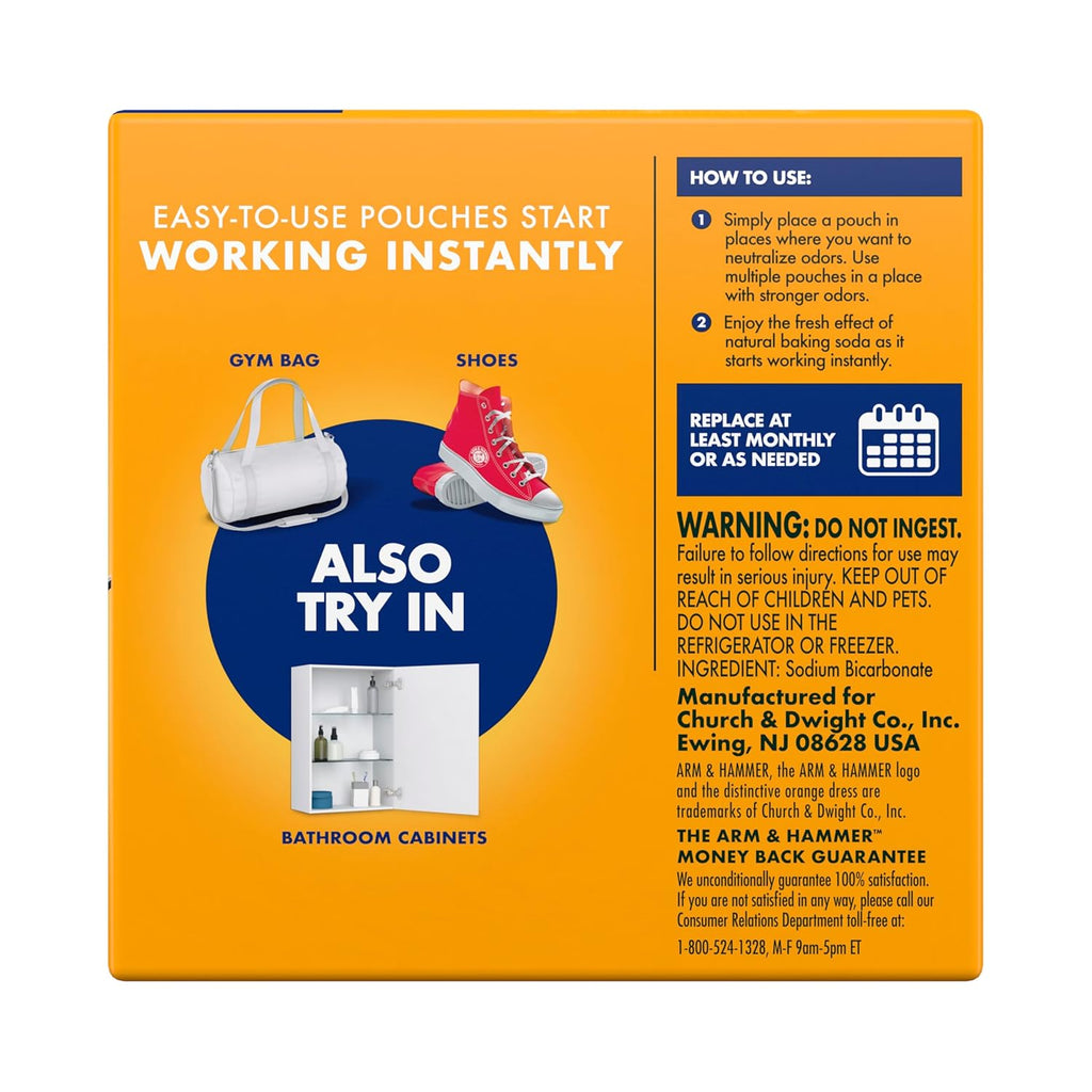Buy now Arm & Hammer Fresh Effects Odor Neutralizing Baking Soda Pouches, Unscented Deodorizer for Long Lasting Freshness in Shoes, Gym Bags, & Small Spaces, 5 count at indiglob india