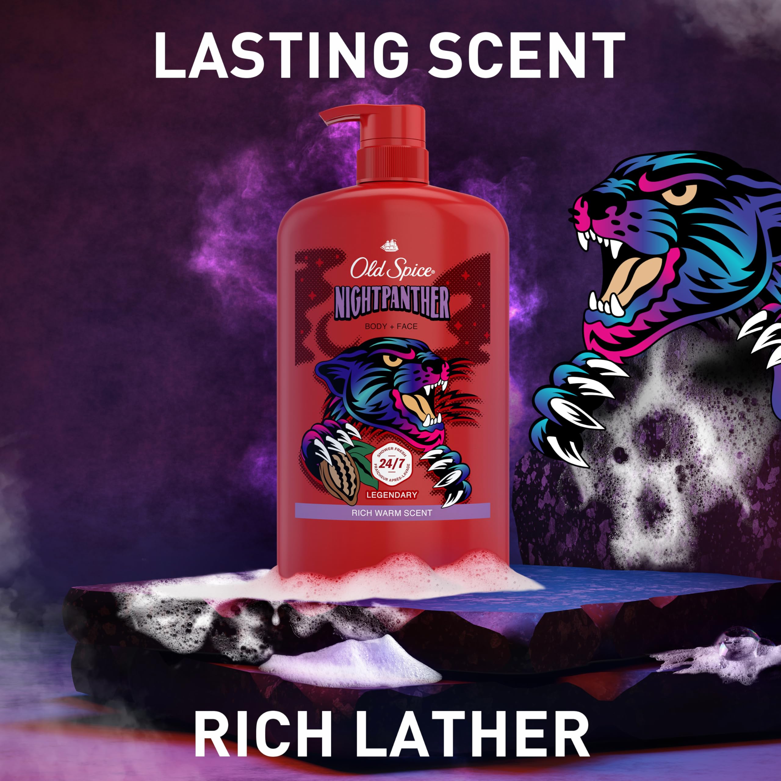 Old Spice Cleansing Body Wash for Men, 3X Defense, 24/7 Shower Fresh with Lasting Scent, 2 in 1 Body and Face Wash, Daily Men’s Wash and Shower Gel, NightPanther Rich Warm Masculine Scent, 33.4 oz