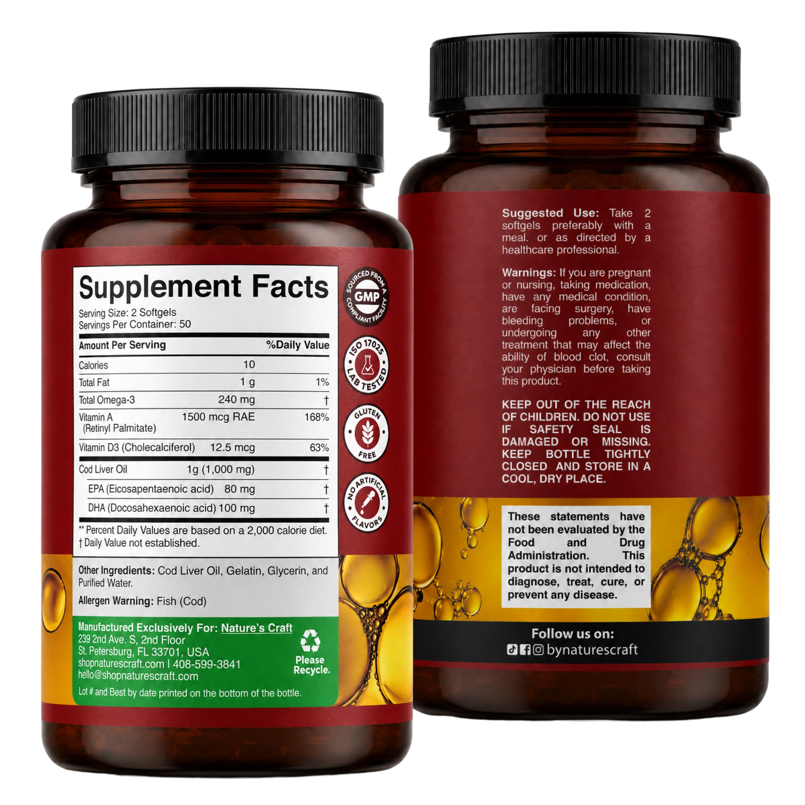 Icelandic Cod Liver Oil Softgels - Omega 3 Fish Oil with Vitamin A - 100 Ct | Wild Caught - Paired with EPA , DHA & D3 - Healthy Heart, Brain & Immune Support - 1000 mg Per Serving - 50 Burpless Servings