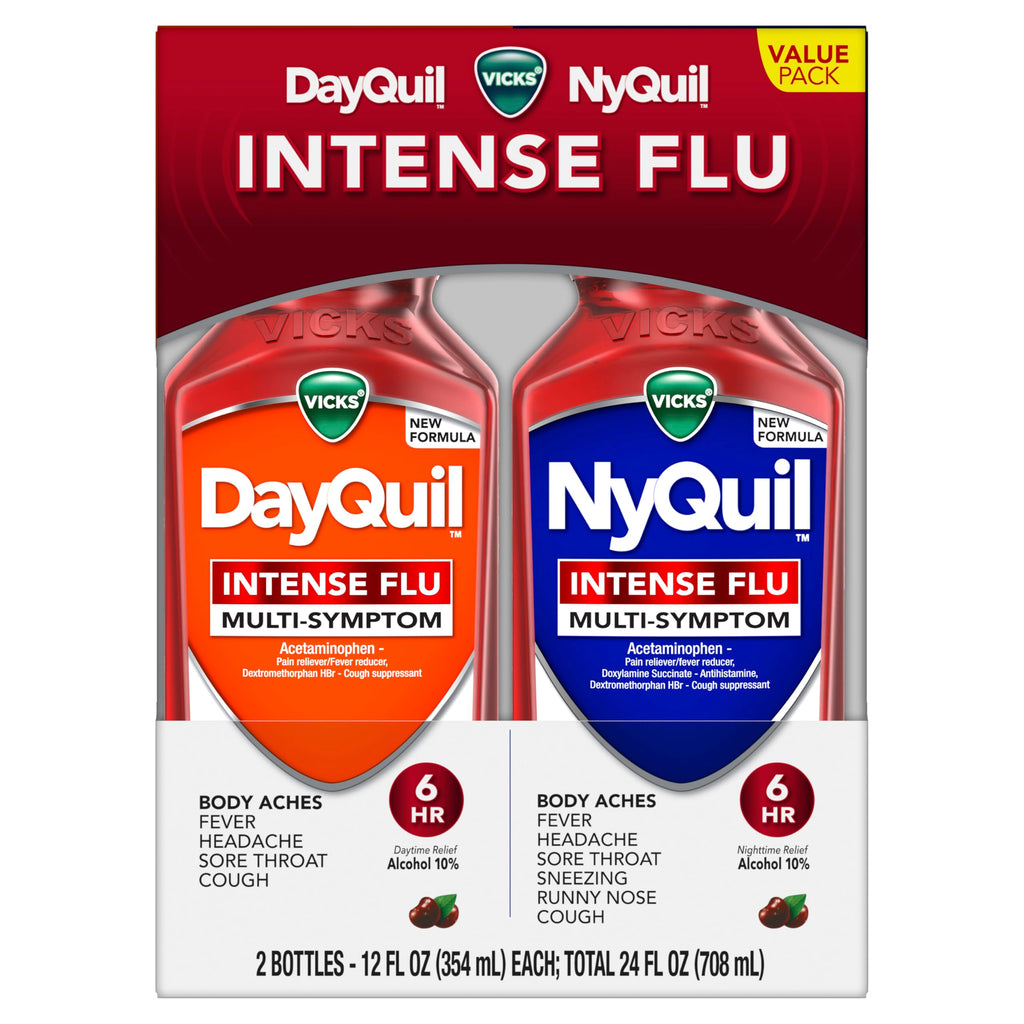 Buy now Vicks DayQuil & NyQuil Intense Flu Liquid, Value Pack, Over-The-Counter, Multi-Symptom, Powerful Relief for Body Aches, Fever, Headache, Sore Throat, and Cough, 6 Hour Relief, Cherry Flavor, 12 FL OZ at indiglob india