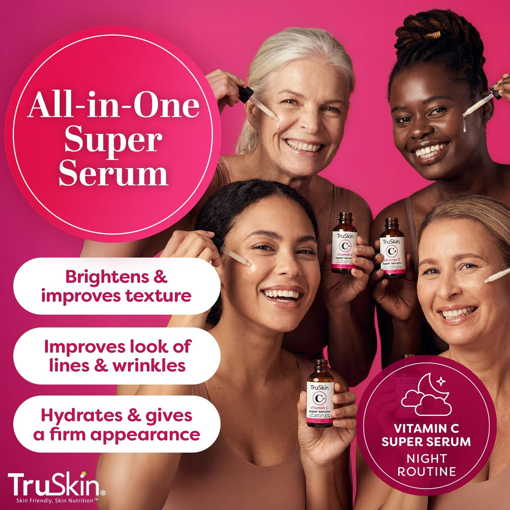 TruSkin Vitamin C Super Serum for Face, 5 Skin Benefits, 2 fl oz | Vitamin C, Retinol, Niacinamide, Hyaluronic Acid and Squalane to brighten, firm, smooth, hydrate, and refine skin