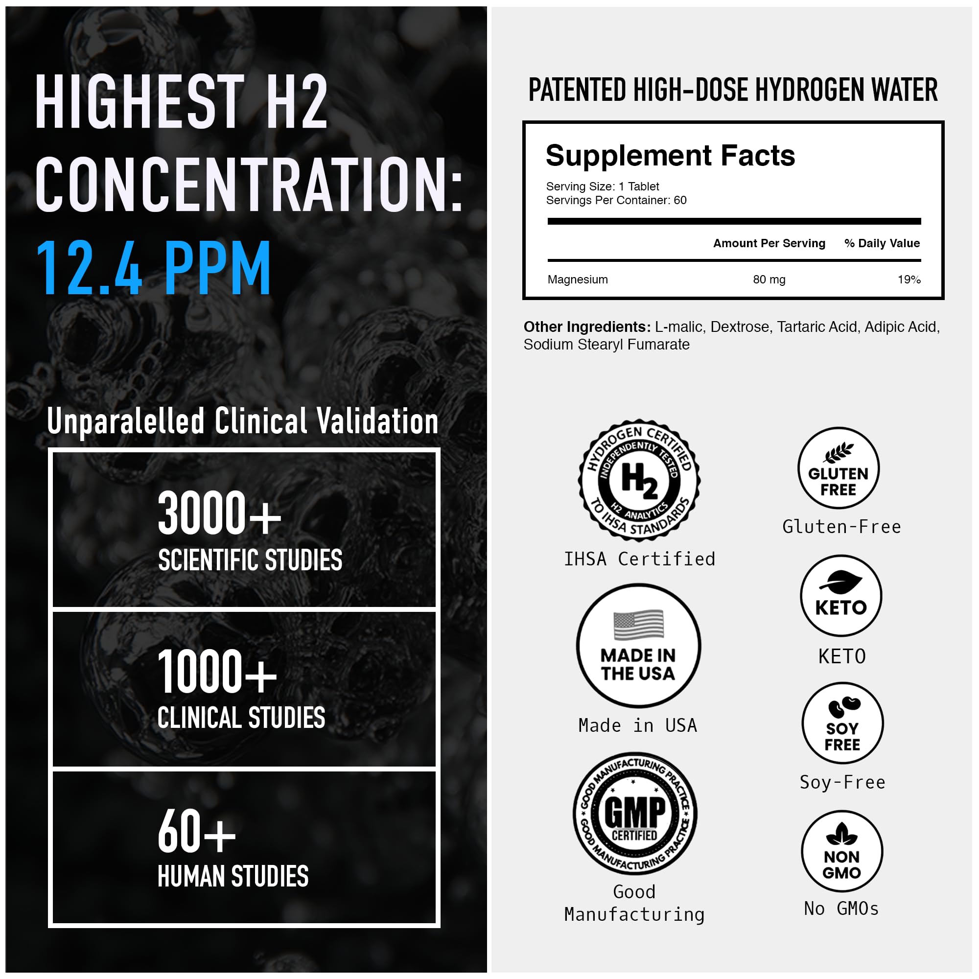 DrinkHRW REJUVENATION Molecular Hydrogen Water Tablets Unflavored, 60 Count | 12.4 PPM Hydrogen + Magnesium, Supports Energy, Recovery + Cognitive Function, Patented, USA Made, IHSA Certified