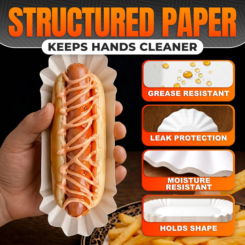 BURIUS Hot Dog Trays 50 Pcs, 8 In Disposable Paper Boats, Grease Resistant