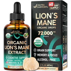 Lions Mane Liquid - USDA Organic Lions Mane Supplement 72,000 mg - 2 Oz | Lion's Mane Mushroom Extract - Brain Support, Energy, Memory & Focus - Sugar & Alcohol-Free - Tincture for Women & Men