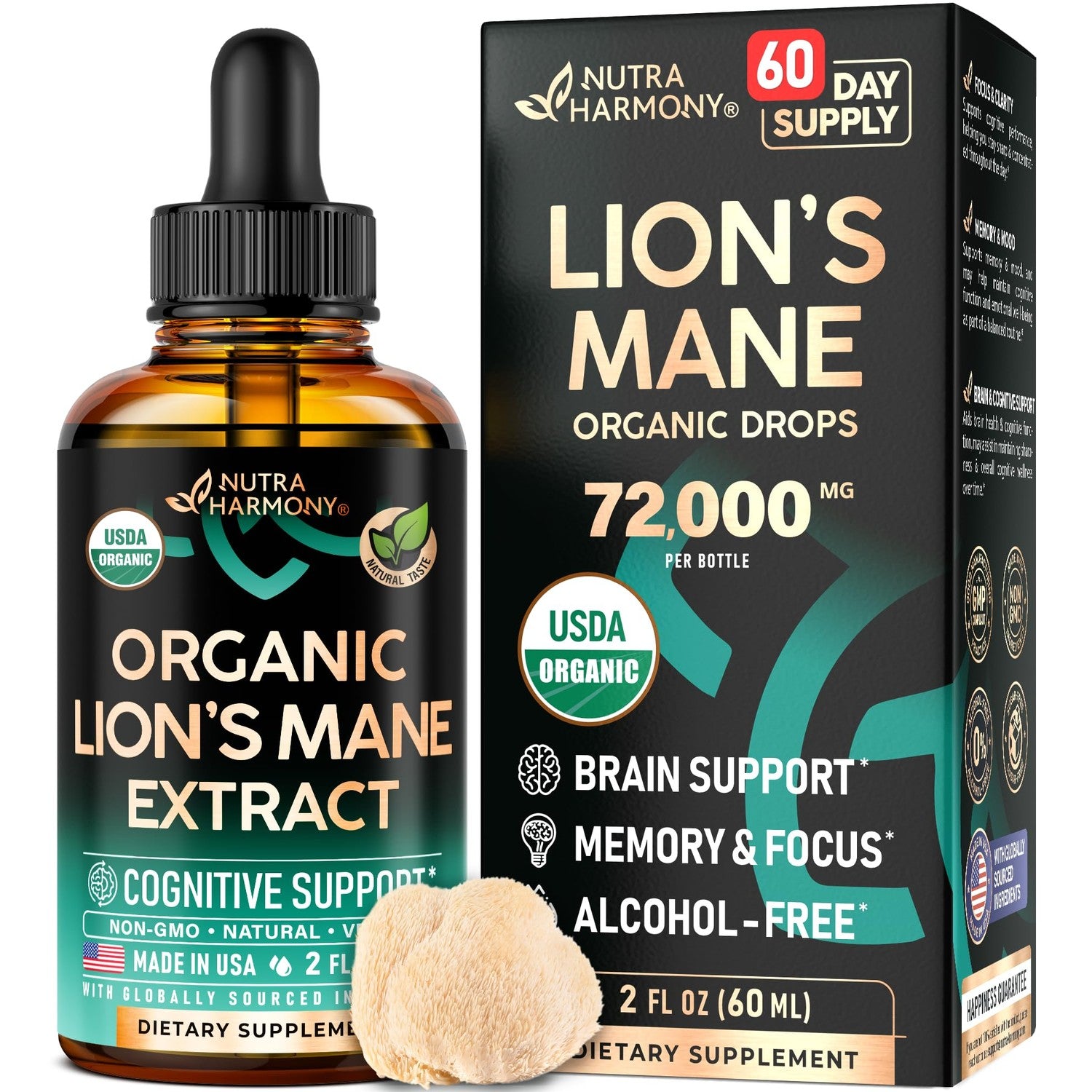 Lions Mane Liquid - USDA Organic Lions Mane Supplement 72,000 mg - 2 Oz | Lion's Mane Mushroom Extract - Brain Support, Energy, Memory & Focus - Sugar & Alcohol-Free - Tincture for Women & Men