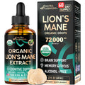 Lions Mane Liquid - USDA Organic Lions Mane Supplement 72,000 mg - 2 Oz | Lion's Mane Mushroom Extract - Brain Support, Energy, Memory & Focus - Sugar & Alcohol-Free - Tincture for Women & Men