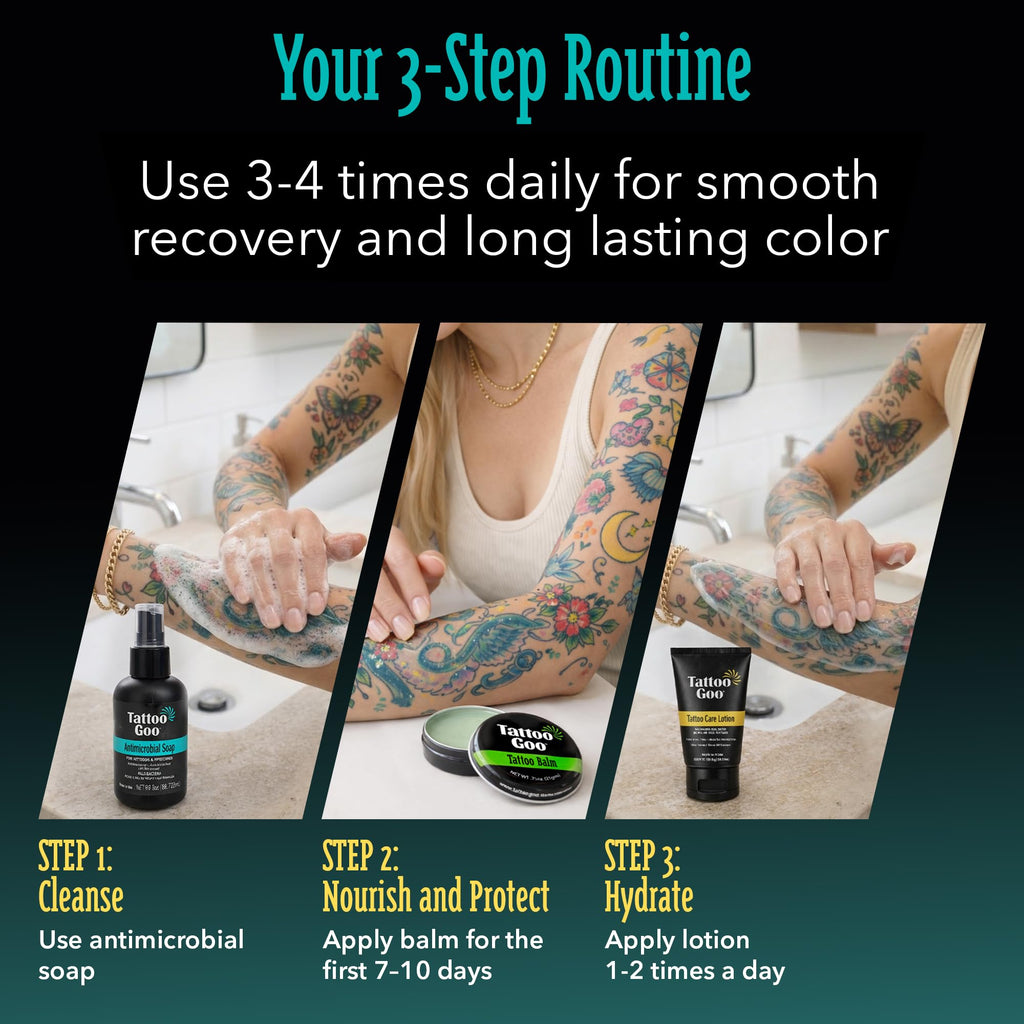 Tattoo Goo Tattoo Aftercare Kit, 3 Piece Set, Includes Antimicrobial Soap, Tattoo Balm & Healing Lotion, Main Vibrant Color & Glow, Complete Kit for Fresh Ink, Ongoing Ink Maintenance & Piercing Care