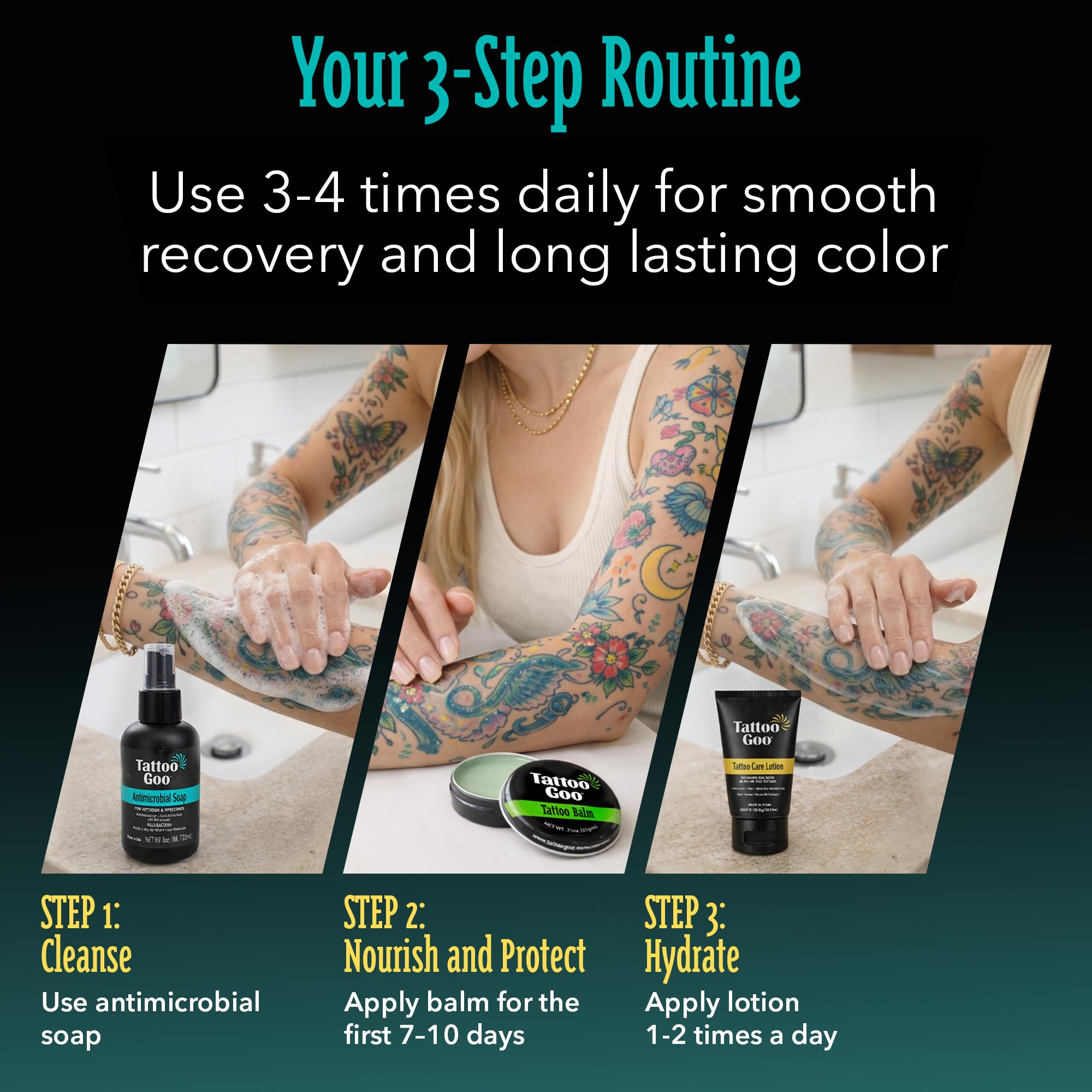 Tattoo Goo Tattoo Aftercare Kit, 3 Piece Set, Includes Antimicrobial Soap, Tattoo Balm & Healing Lotion, Main Vibrant Color & Glow, Complete Kit for Fresh Ink, Ongoing Ink Maintenance & Piercing Care