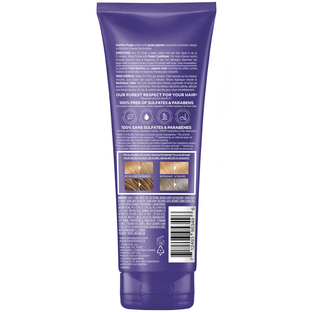 L’Oreal Paris Sulfate Free Brass Toning Purple Shampoo for Blonde, Bleached, Silver, or Brown Highlighted Hair, EverPure, 6.8 Fl Oz (Packaging May Vary)
