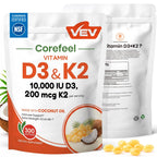 VEV Corefeel Vitamin D3 K2 10,000 IU, 200 mcg MK-7, 300 Coconut Oil Softgels