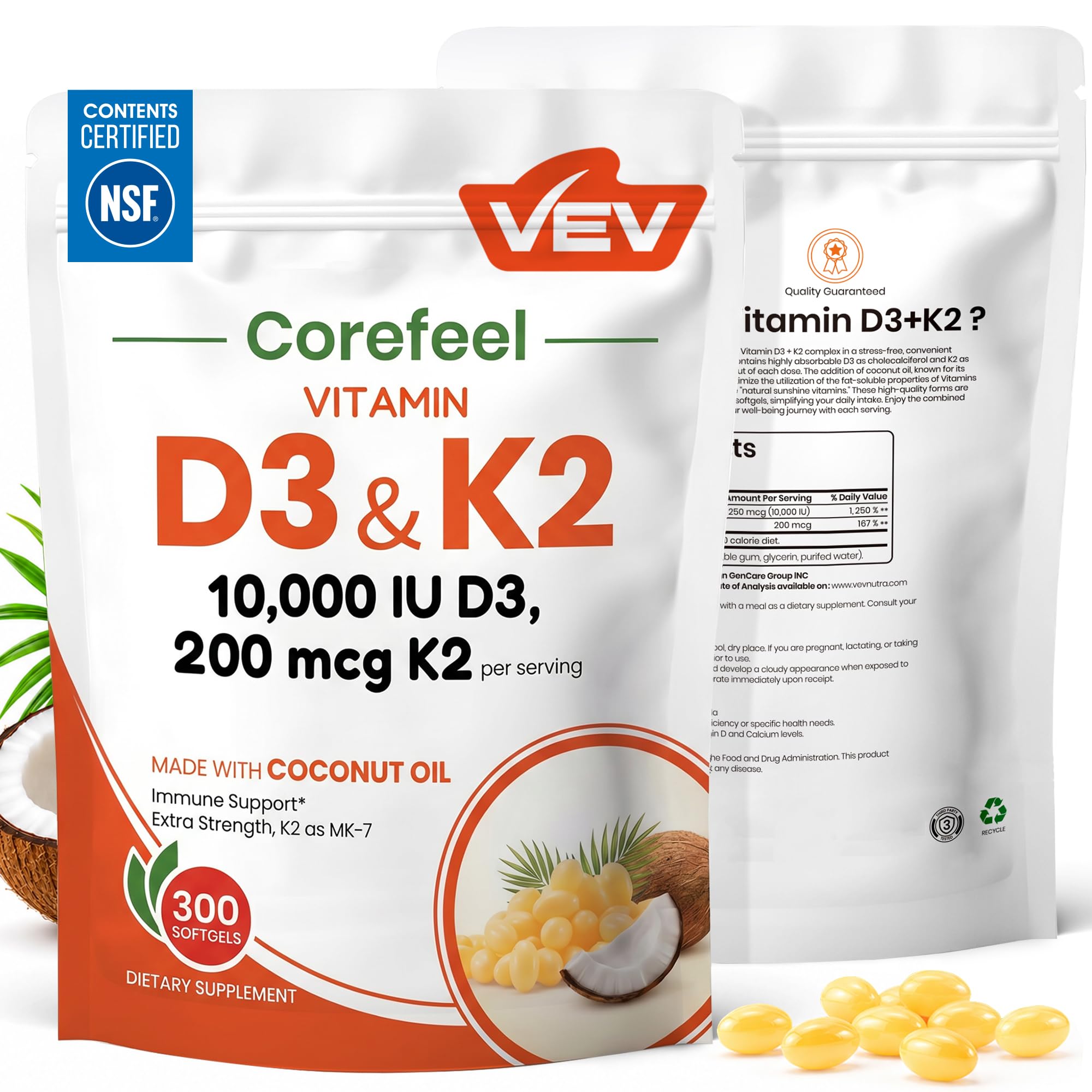 VEV Corefeel Vitamin D3 K2 10,000 IU, 200 mcg MK-7, 300 Coconut Oil Softgels