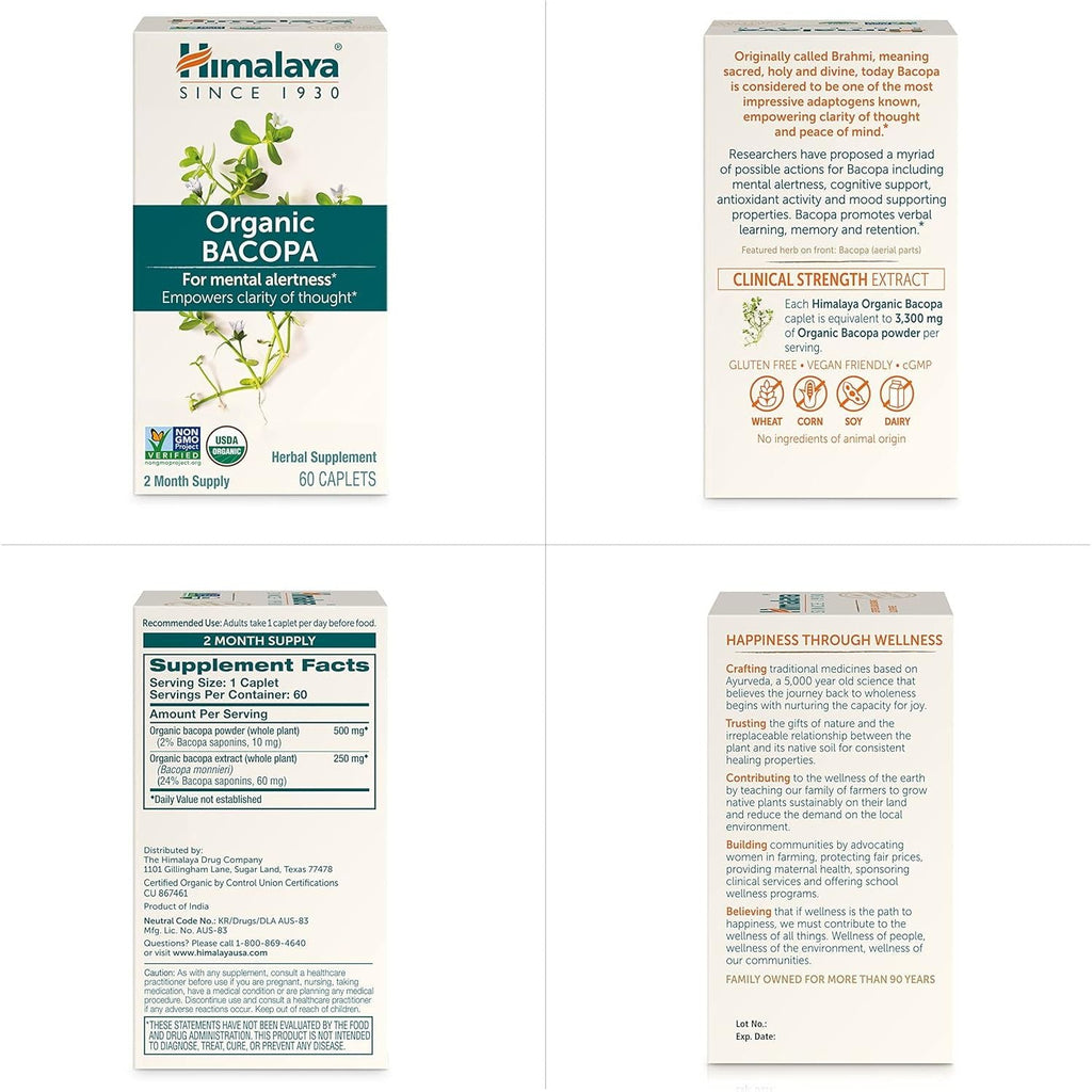Buy now Himalaya Bacopa Monnieri Nootropic Herbal Supplement, Supports Calm, Memory, Cognition, USDA Certified Organic, Non-GMO, 750 mg, 60 Plant-Based Caplets, 60 Day Supply at indiglob india