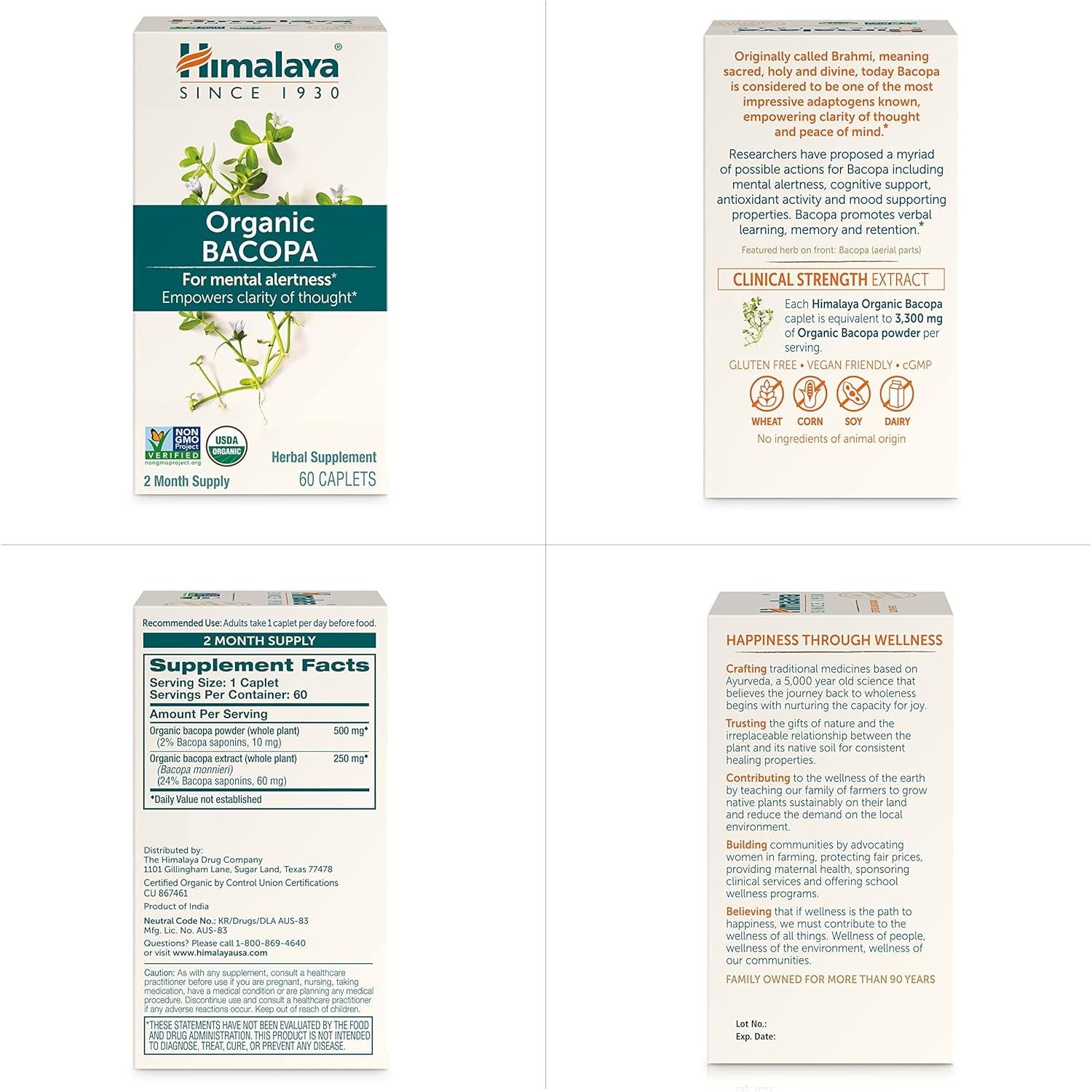 Buy now Himalaya Bacopa Monnieri Nootropic Herbal Supplement, Supports Calm, Memory, Cognition, USDA Certified Organic, Non-GMO, 750 mg, 60 Plant-Based Caplets, 60 Day Supply at indiglob india