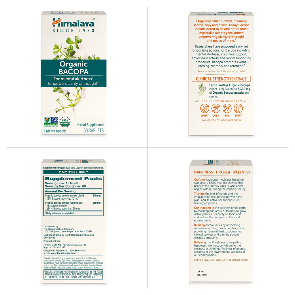 Himalaya USDA Organic Bacopa Monnieri Supplement,750 mg,60 Caplets | For Mental Alertness, Supports Calm, Memory & Cognition, Nootropic Herbal Supplement, Bacopa Extract Brahmi - Non-GMO, Vegan