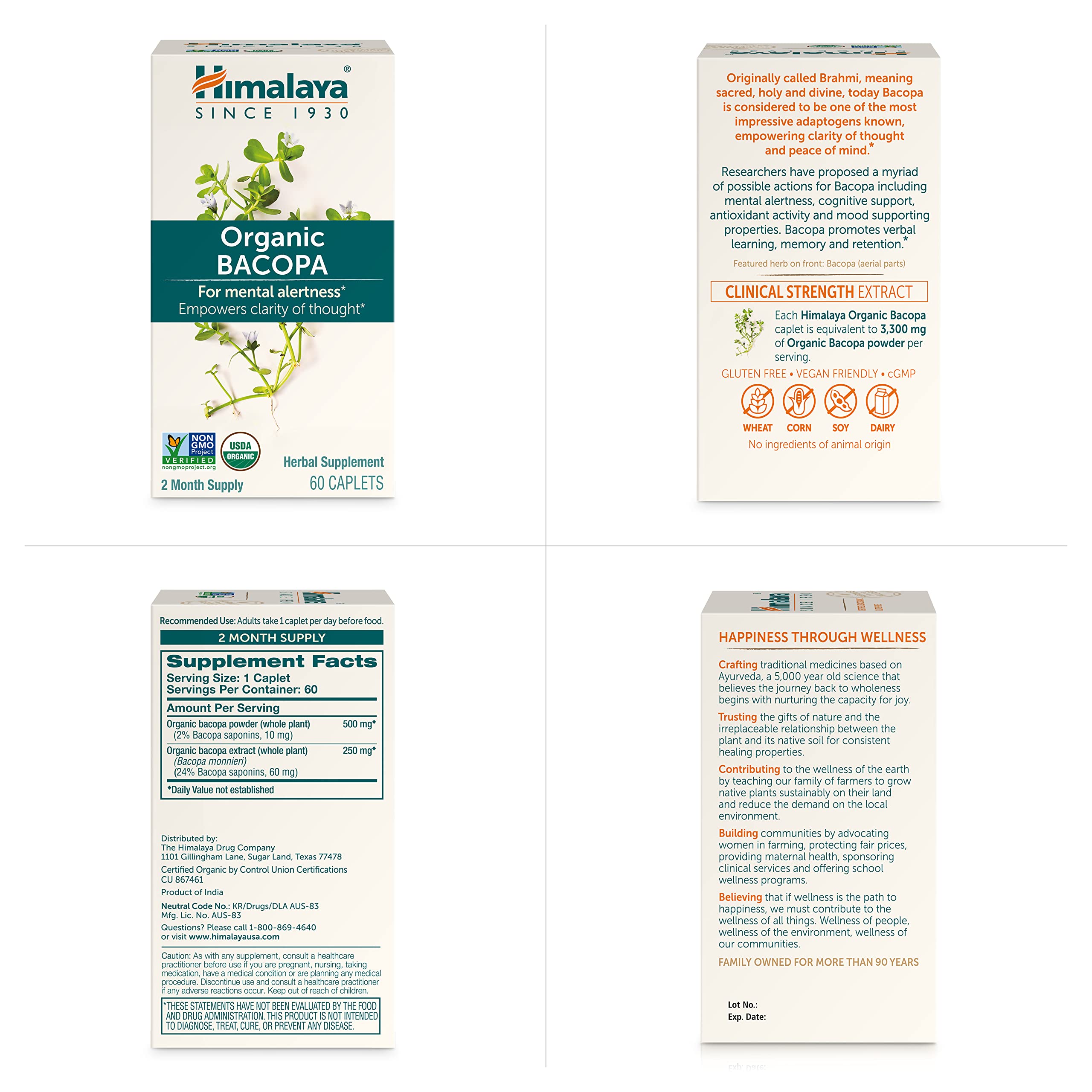 Himalaya USDA Organic Bacopa Monnieri Supplement,750 mg,60 Caplets | For Mental Alertness, Supports Calm, Memory & Cognition, Nootropic Herbal Supplement, Bacopa Extract Brahmi - Non-GMO, Vegan