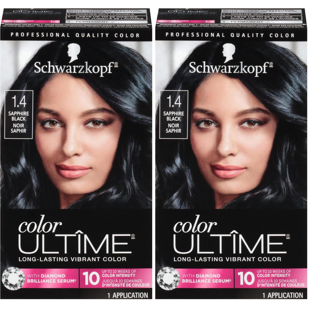 Schwarzkopf Color Ultime 1.4 Sapphire Black Hair Dye, Permanent Intense Black with Diamond Brilliance, Fade-Resistant, Covers Grays, All Hair Textures (Pack of 2)