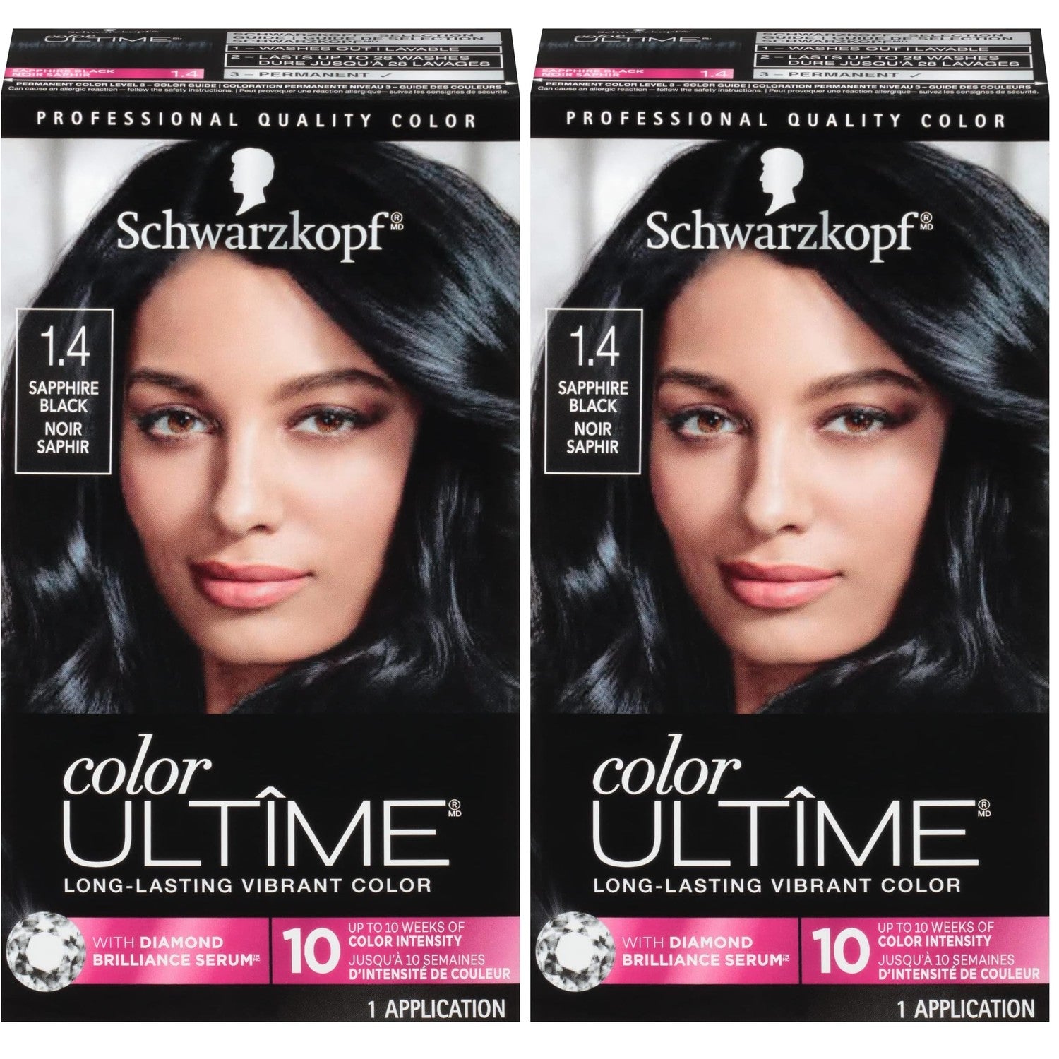 Schwarzkopf Color Ultime 1.4 Sapphire Black Hair Dye, Permanent Intense Black with Diamond Brilliance, Fade-Resistant, Covers Grays, All Hair Textures (Pack of 2)