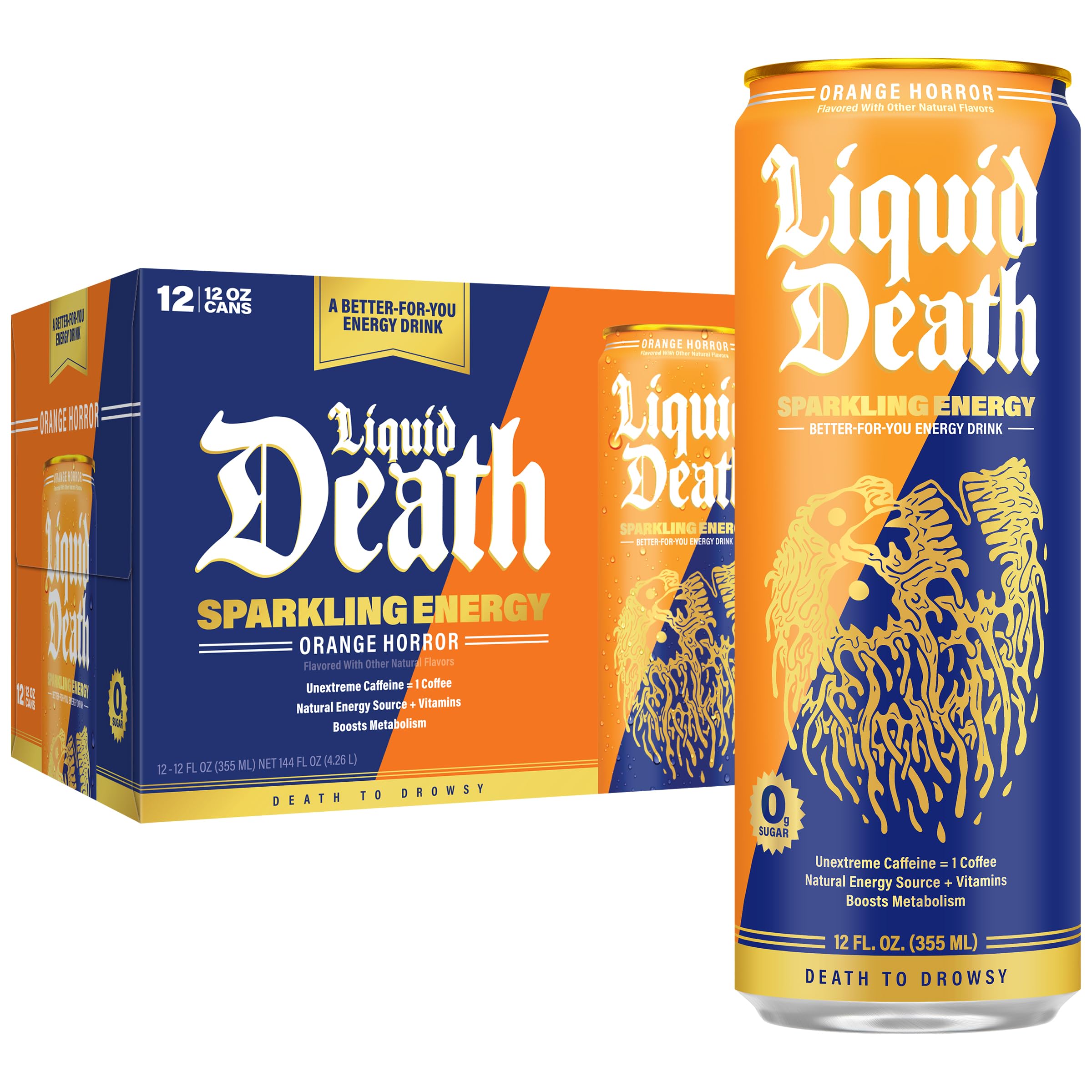 Buy now Liquid Death Sparkling Energy - Tropical Terror (Classic Piña Colada), Zero Sugar Energy Drink, Unextreme Caffeine 100mg, Essential Vitamins, 12 Fl Oz (Pack of 12) Orange Horror at indiglob india