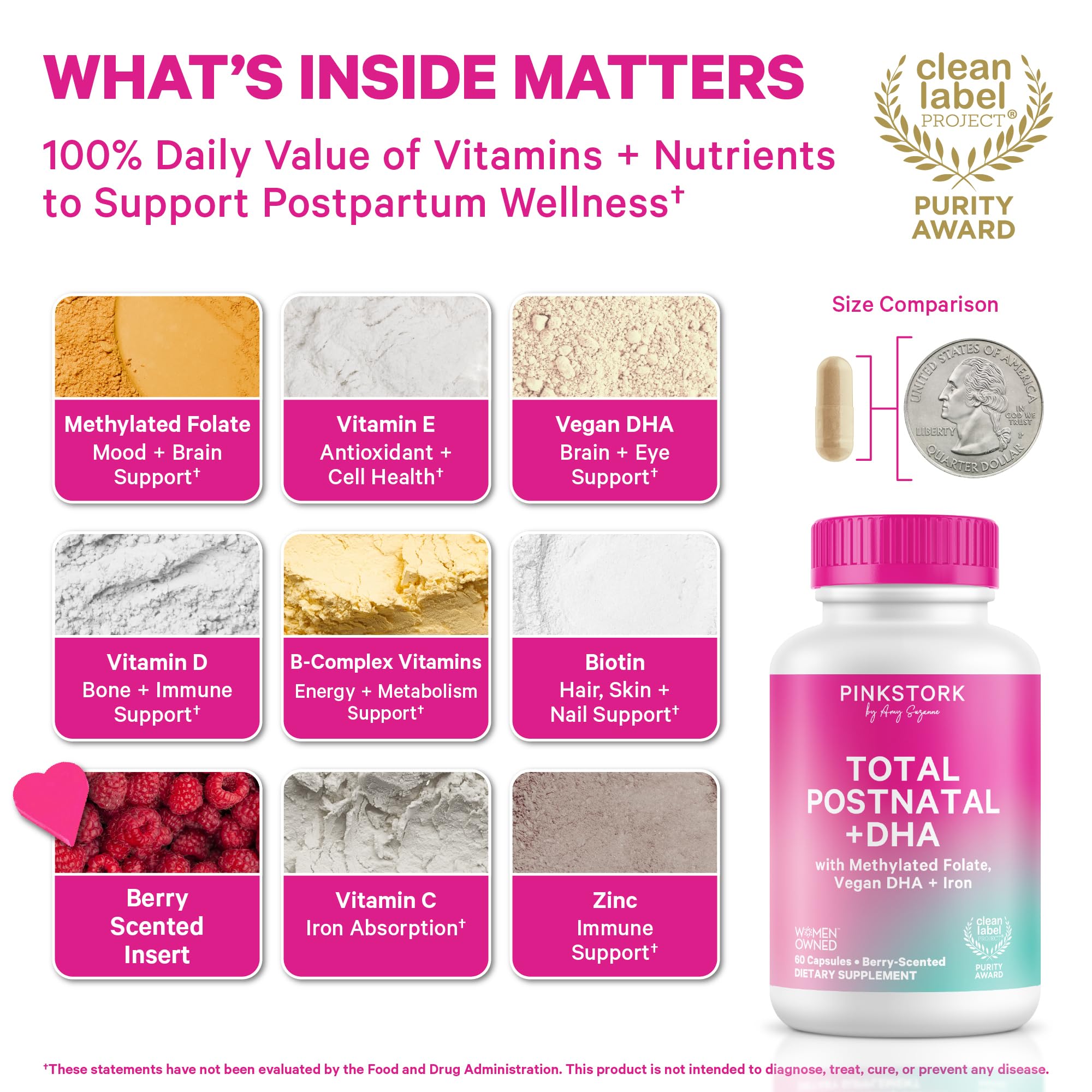 Pink Stork Total Postnatal Vitamins for Women, 60 Capsules, Berry | Clean Label Award, Vegan Algae DHA, No Fishy Burps, Methylated Folate, Iron, Gentle on Stomach, Postpartum + Lactation