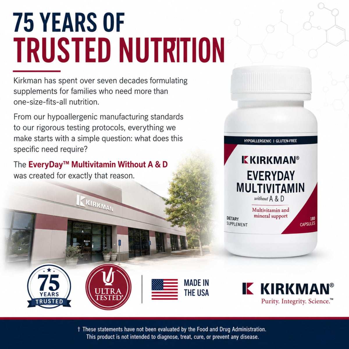 Kirkman Everyday Multivitamin Without Vitamins A & D, 180 Veg Capsules