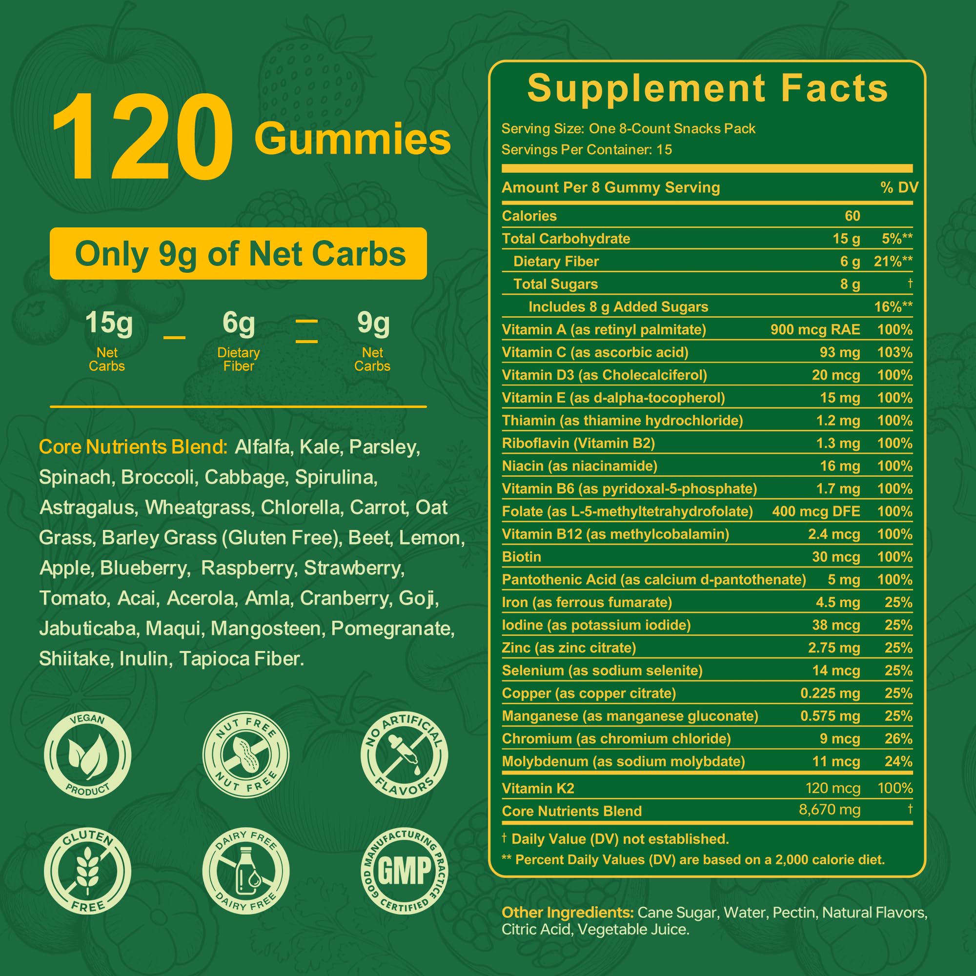 Greens Daily Gummies, Super Greens Gummies for Adults Superfood Multivitamin Gummy with Spirulina, Chlorella, Prebiotic Fiber, Fruit Veggie for Digestive & Gut Health, Adaptogens Supplement, 120 Count