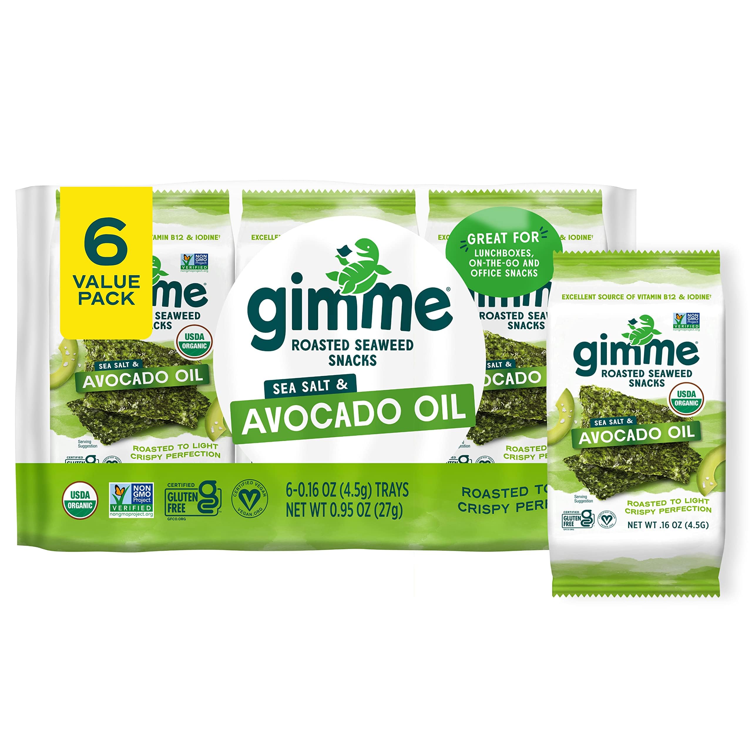 Buy now Gimme Seaweed Organic Premium Roasted Seaweed Snacks, Sea Salt, 6 Count, Keto, Vegan, Gluten-Free, Great Source of Omega3s and Iodine, Healthy On-The-Go Snack for Kids and Adults 6 Count (Pack of 1) #2 Sea Salt & Avocado Oil at indiglob india