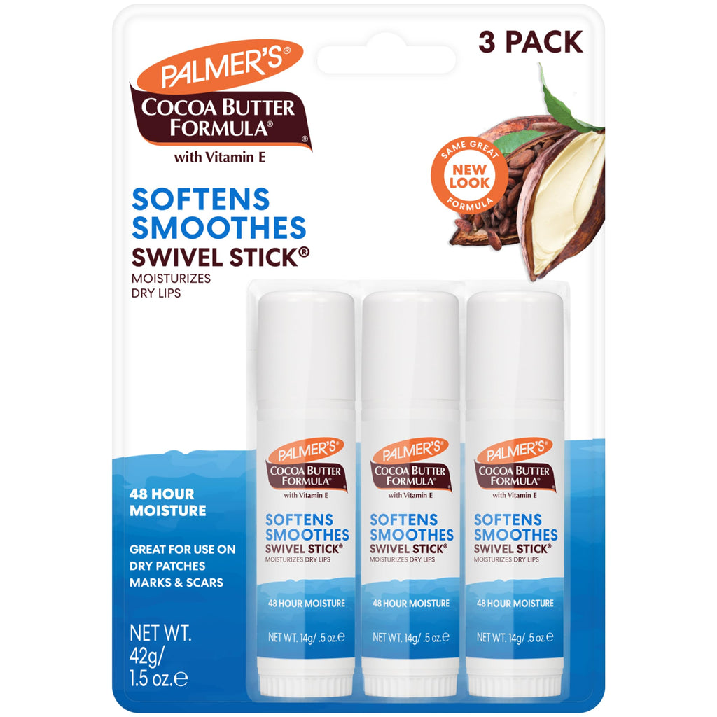 Palmer's Cocoa Butter Lip Balm & Face Body Moisturizer Sticks (Pack of 3) | Face and Body Swivel Stick with Vitamin E, Softens and Smooths, Suitable for Treating Dry Skin Patches, Scars, Marks