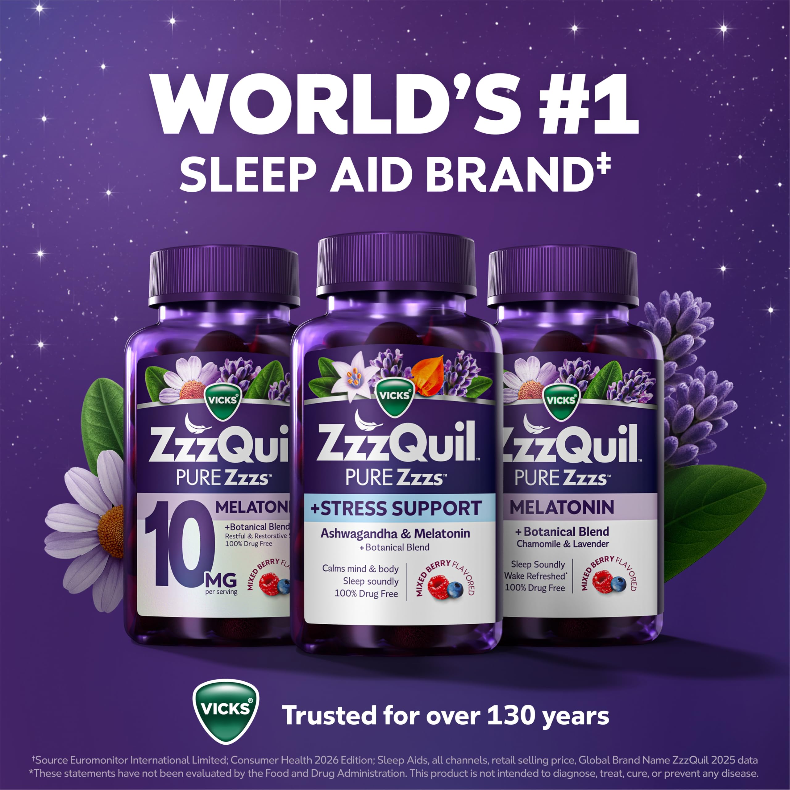 ZzzQuil PURE Zzzs De-Stress 2mg Melatonin Gummies, , Sleep Aids for Adults, Ashwagandha for Stress Support, 60 Gummies