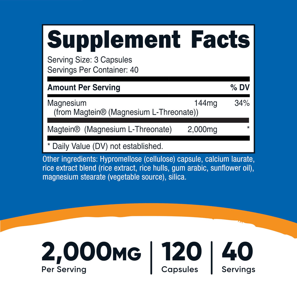 Nutricost Magnesium L-Threonate As Magtein 2000mg, 120 Capsules, GMO-Free | Gluten Free, Vegetarian Friendly