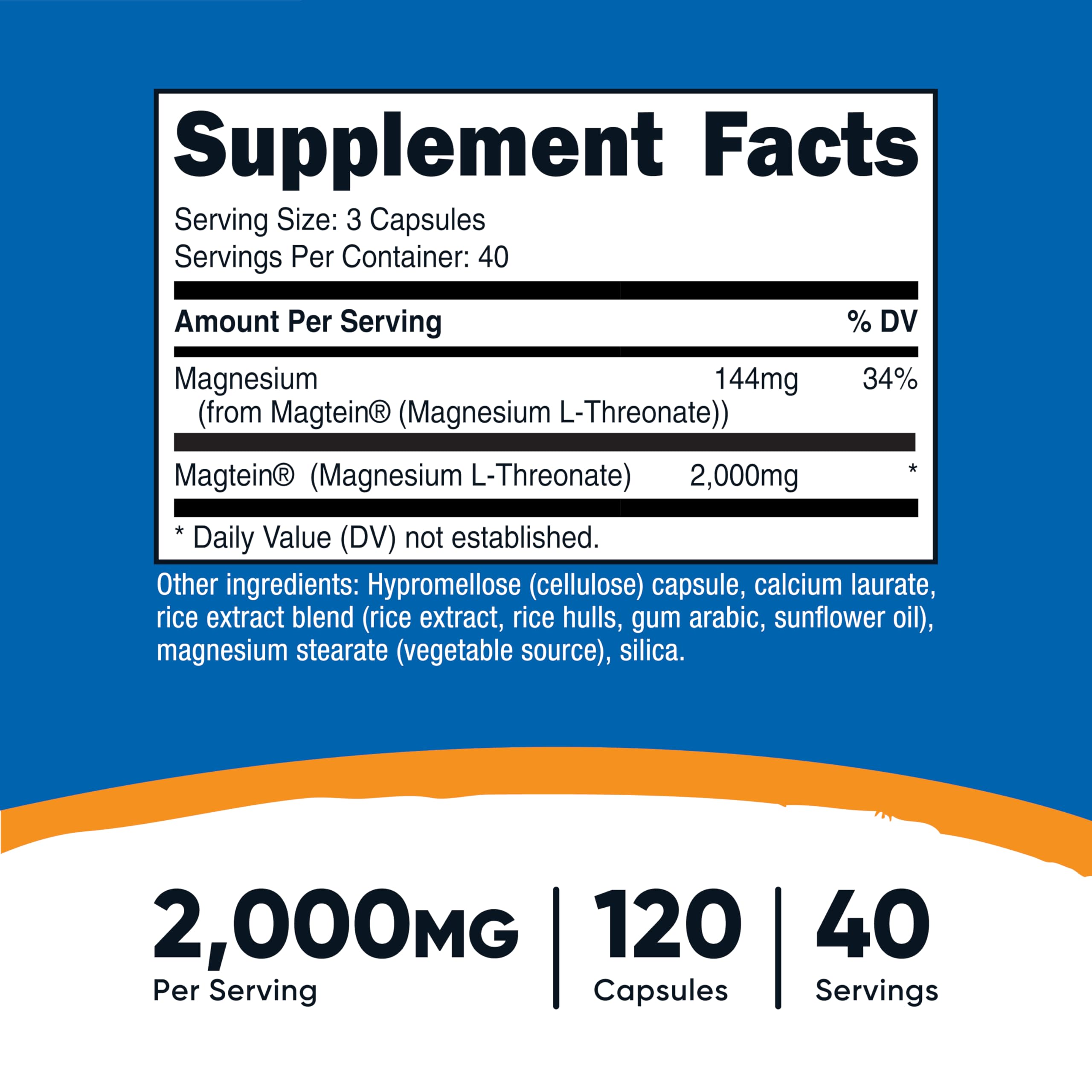 Nutricost Magnesium L-Threonate As Magtein 2000mg, 120 Capsules, GMO-Free | Gluten Free, Vegetarian Friendly