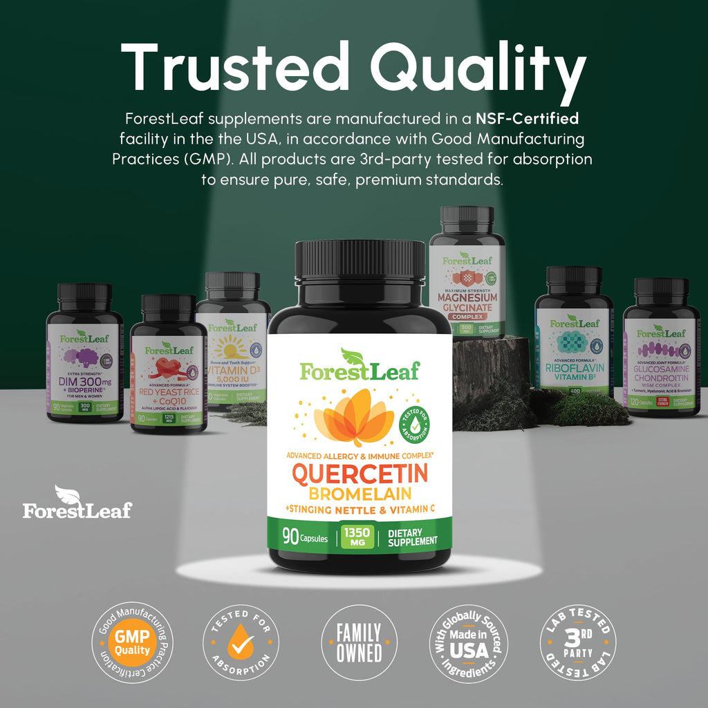 ForestLeaf Quercetin with Bromelain Supplement, 500mg Capsules, 90 Ct | 1350mg Quercetin Complex with Vitamin C, Stinging Nettle for Seasonal Wellness, Non-GMO, Gluten-Free, Vegetarian, Made in USA