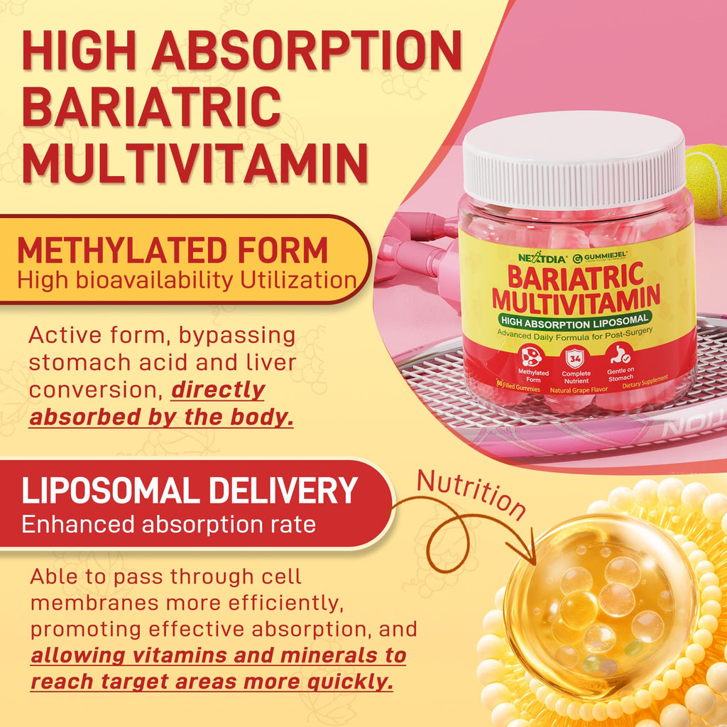 Liposomal Methylated Bariatric Multivitamin Gummies with Iron for Women & Men, High Absorption Multivitamin w/CoQ 10, Probiotic, Digestive Enzymes Support Gastric Bypass & Sleeve Recover, Energy,1Pack