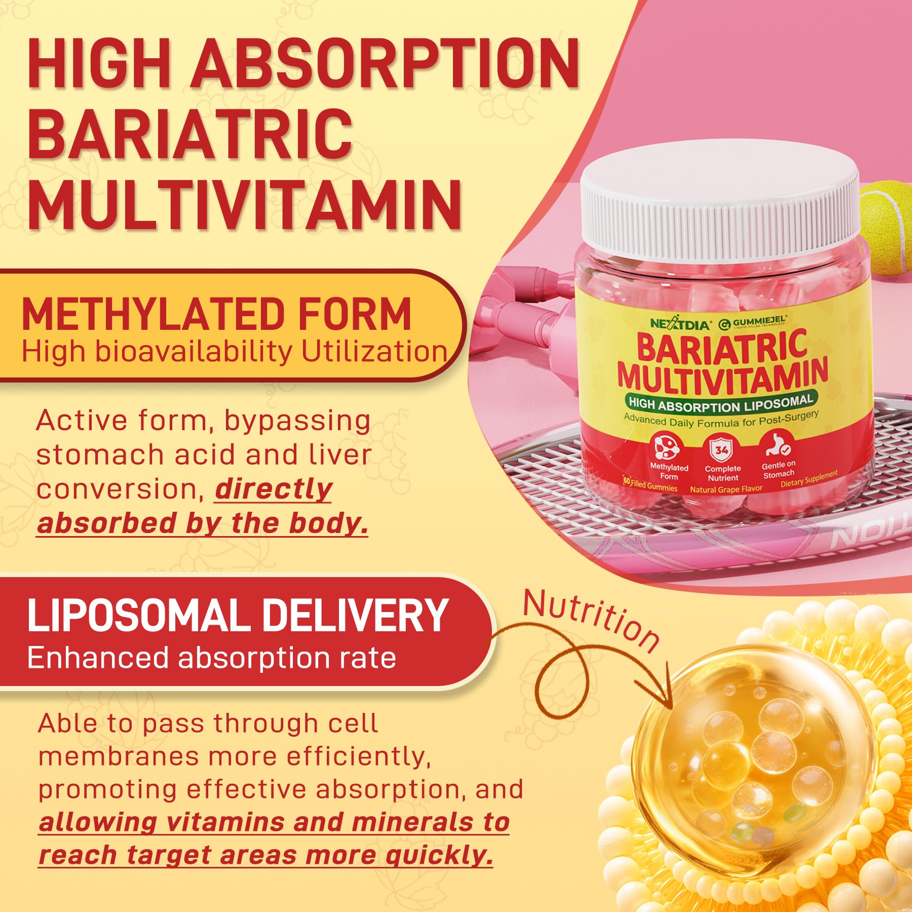 Liposomal Methylated Bariatric Multivitamin Gummies with Iron for Women & Men, High Absorption Multivitamin w/CoQ 10, Probiotic, Digestive Enzymes Support Gastric Bypass & Sleeve Recover, Energy,1Pack