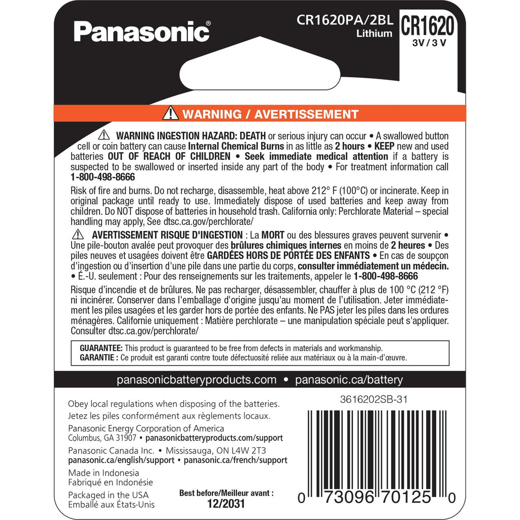 Panasonic CR1620 3.0 Volt Long Lasting Lithium Coin Cell Batteries in Child Resistant, Standards Based Packaging, 2-Battery Pack