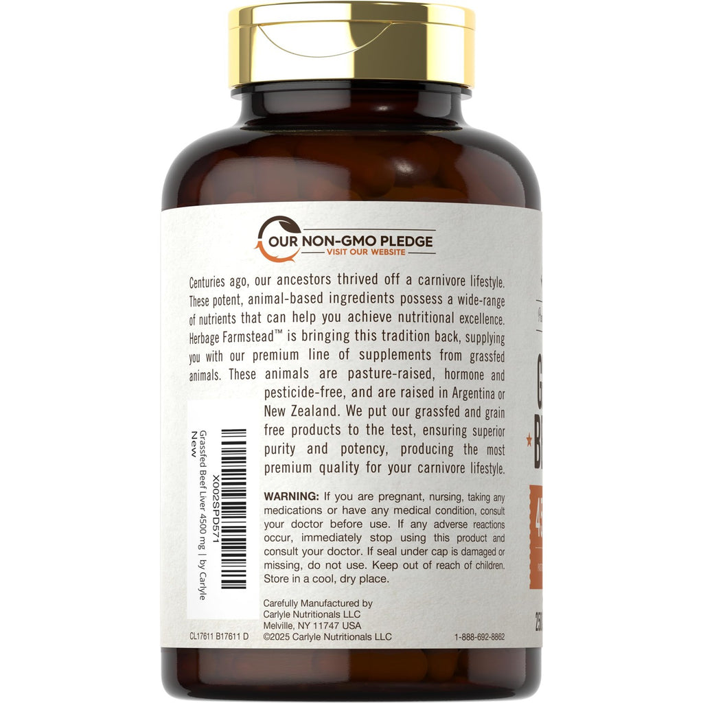 Carlyle Grass Fed Beef Liver Capsules | 4500mg | 250 Count | Desiccated Supplement | Non-GMO, Gluten Free | by Herbage Farmstead