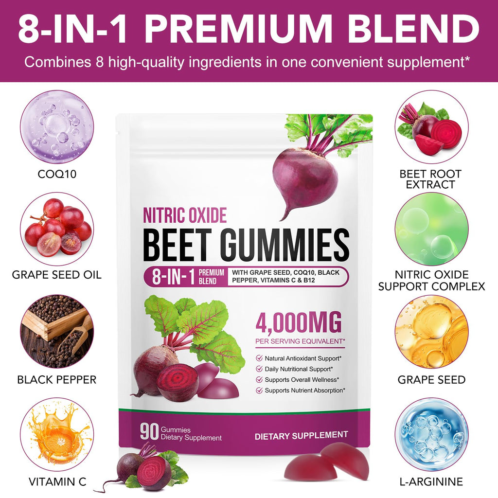 90 Chews Beet Root Gummies, Sugar Free | 8 in 1 Beet Root Extract with CoQ10, Grapeseed Extract 90 Chews for Antioxidant, Promoting Nitric Oxide, Energy Level Suport, with Vitamin B12, C
