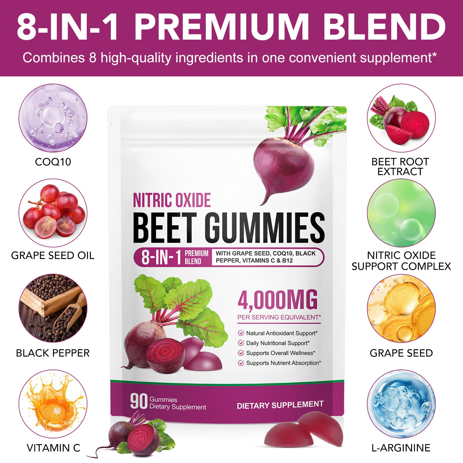 90 Chews Beet Root Gummies, Sugar Free | 8 in 1 Beet Root Extract with CoQ10, Grapeseed Extract 90 Chews for Antioxidant, Promoting Nitric Oxide, Energy Level Suport, with Vitamin B12, C