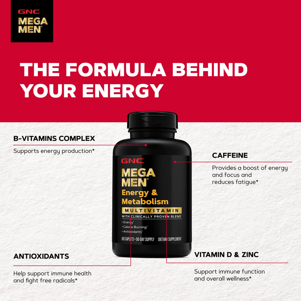 GNC Mega Men Energy & Metabolism Multivitamin for Men, 180 Count | Clinically Studied Antioxidants Support Energy Production, Colon and Prostate Health, Calorie Burning, and Mental Sharpness