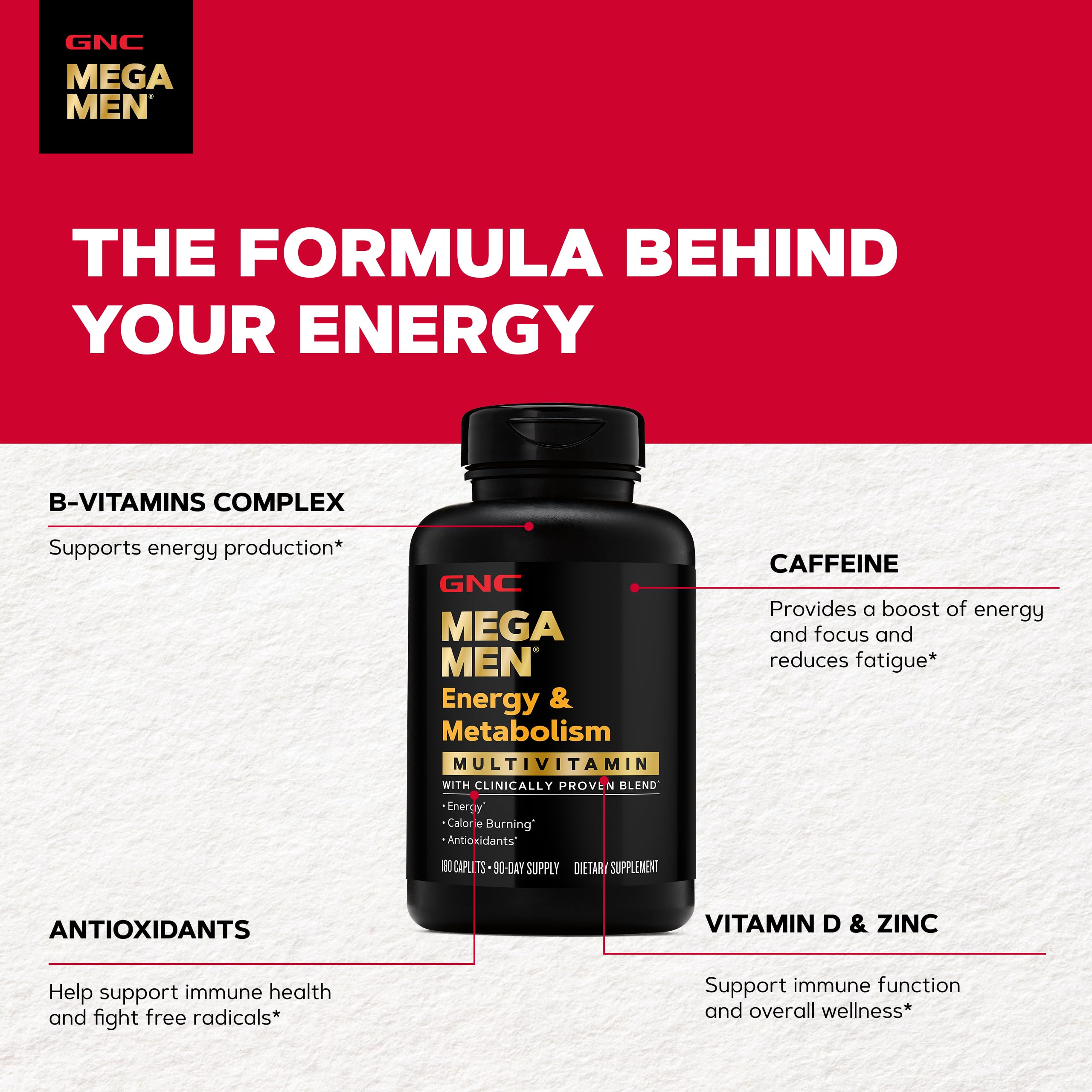 GNC Mega Men Energy & Metabolism Multivitamin for Men, 180 Count | Clinically Studied Antioxidants Support Energy Production, Colon and Prostate Health, Calorie Burning, and Mental Sharpness