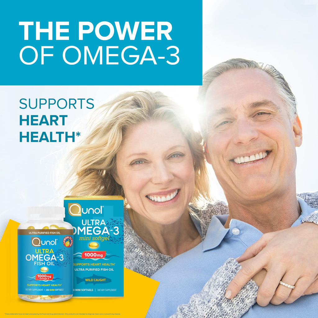 Qunol Ultra Omega-3 Fish Oil Mini Softgels, 1000mg EPA + DHA, 180ct | High Potency, Ultra-Purified Fish Oil, Support Heart Health and Brain Health, Lemon Flavor, Easy to Swallow Minis; Non-GMO