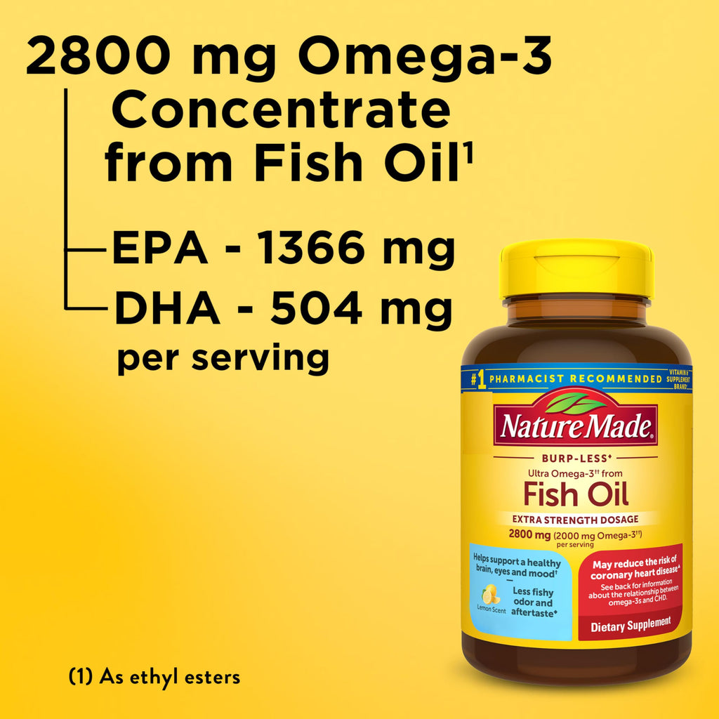 Nature Made Extra Strength Dosage Omega 3 Fish Oil Supplement, 60 Softgels | Fish Oil Omega 3 Supplements as Ethyl Esters for Healthy Heart, Brain, Eye, Mood Support 2800mg per 2 Softgels, 30 Day Supply