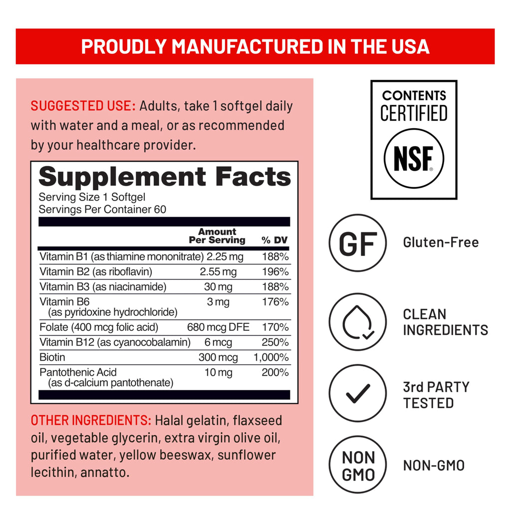 NatureWise Vitamin B Complex for Women and Men - with Folic Acid Biotin B1 B2 B3 B6 B12 - Support Cellular Energy & Mental Clarity - Gluten & Dairy Free - 60 Softgels[2-Month Supply]